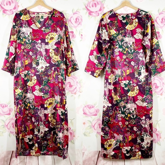 Natori Dresses & Skirts - Cruz Natori Asian Floral Print Hot Pink Kimono Lounge House Dress S